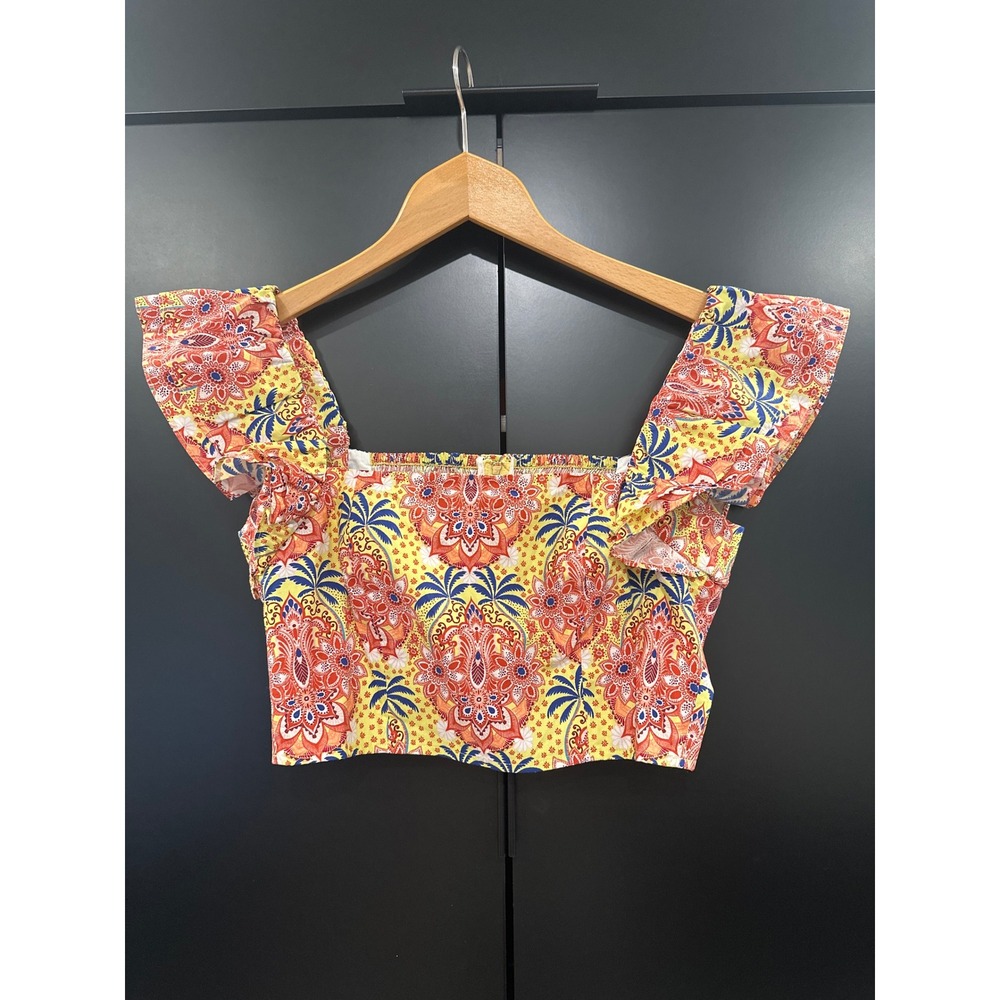 Cara Cara Yellow Paisley Palm Print Ruffle Crop Top Smocked Back XS
